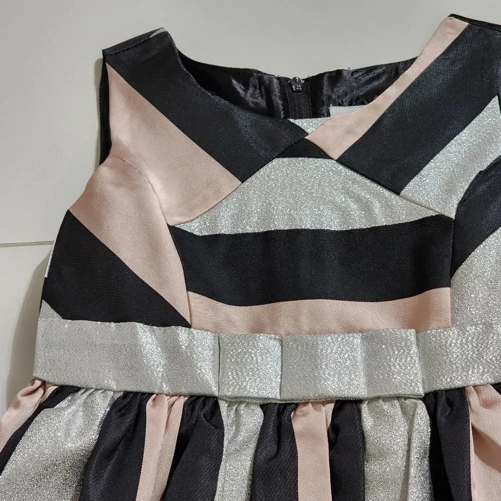 Elegant Metallic Silver Glitter Pink Black Striped Pleated Dress Size 5